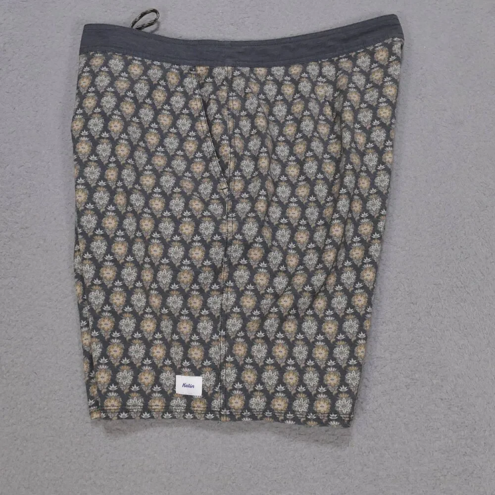 Katin Mens Board Shorts 38 Gray Floral Swim Trunks Drawstring